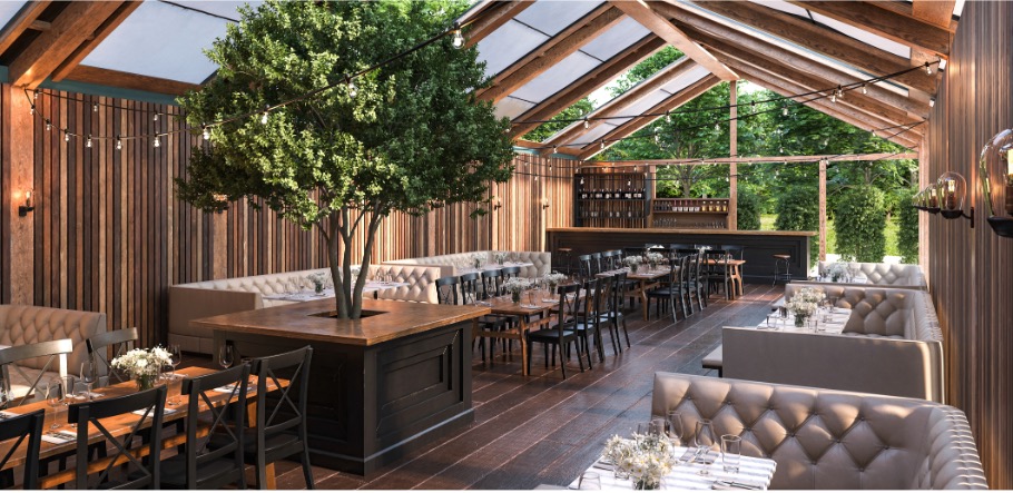 Restaurant Innenansicht Modern Restaurant mit Holzdekor, großen Fenstern und einer zentralen Pflanze.