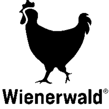 Schwarze Silhouette eines Huhns mit dem Schriftzug "Wienerwald" darunter.