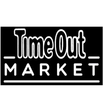 Schriftzug "Time Out Market" in stilisiertem, weißem Text auf schwarzem Hintergrund.